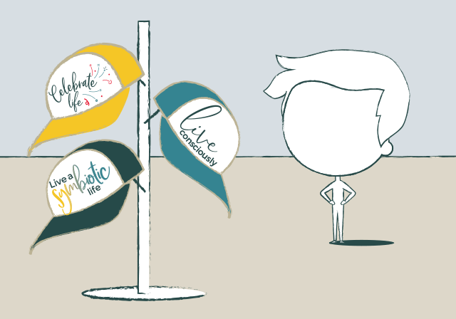 illustration of guy looking at a hat rack with three tenets of the future of indulgence